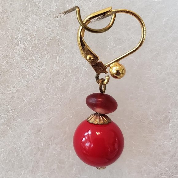 Red Coral and Crimson Drop Earrings 14K Euro Wire - Picture 2 of 2